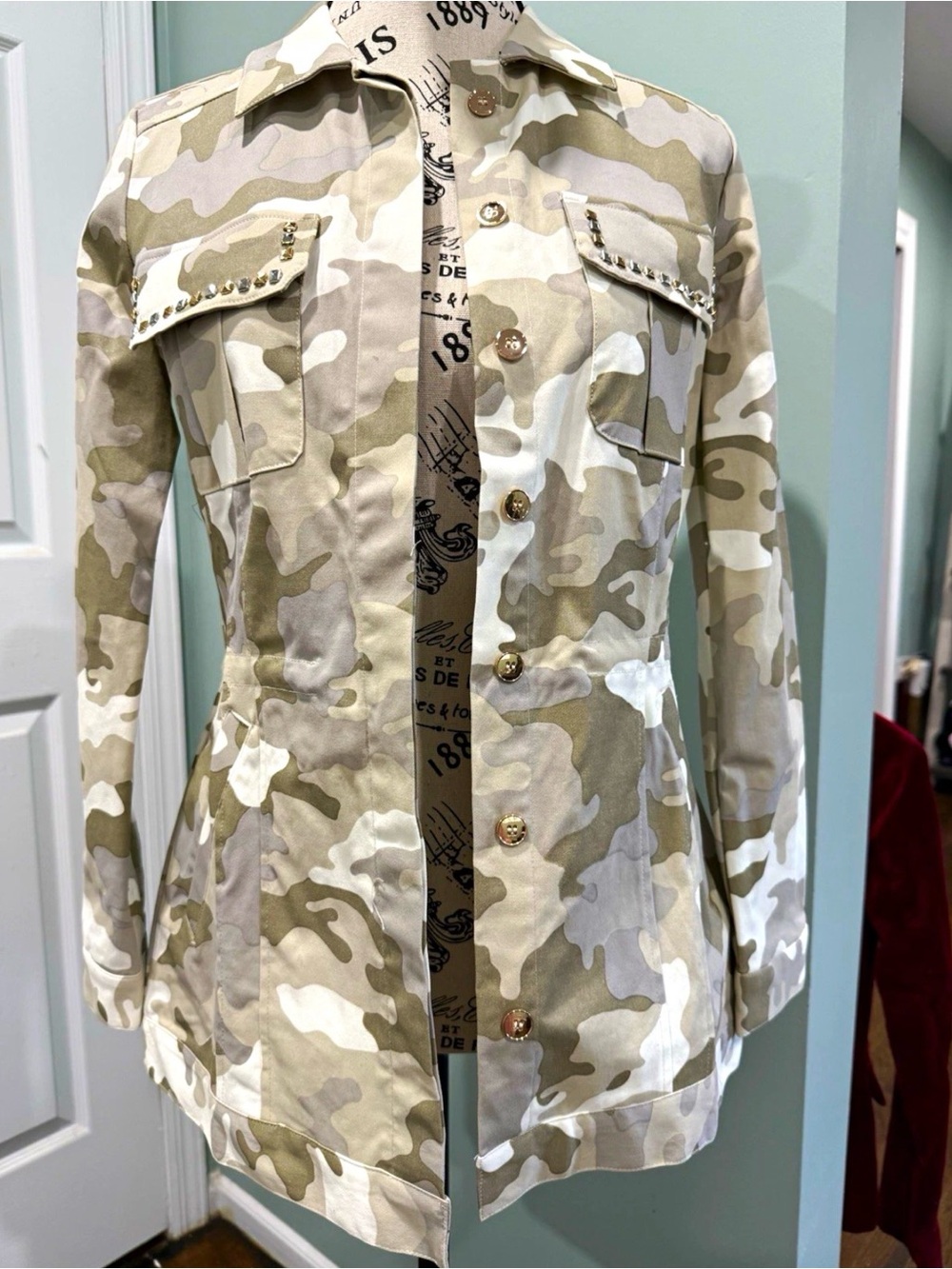 Boston Proper Women's 2XS Tan Gold Camo Military Jacket Button Front Studded